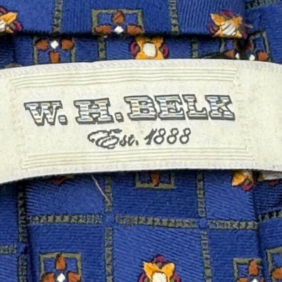 W.H. Belk Handmade 100% Silk Blue Tie With Orange & Yellow Floral Geometric - Picture 5 of 6